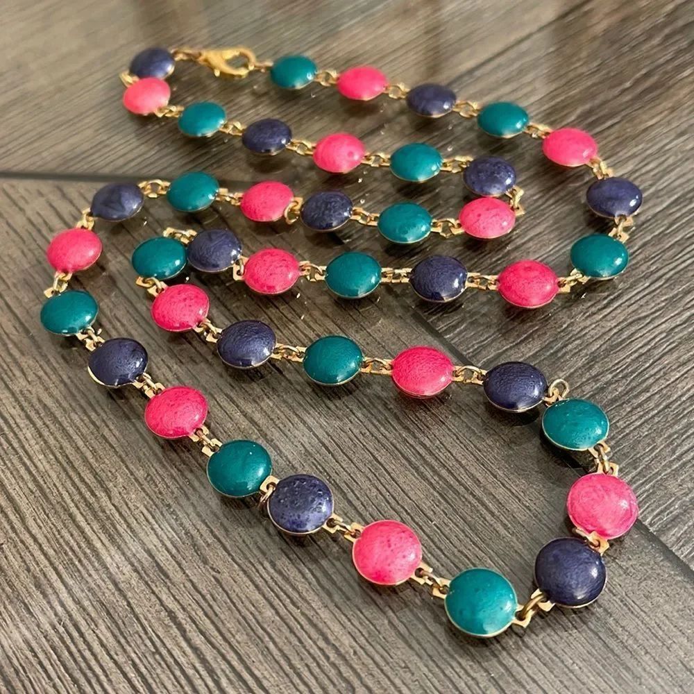 Vintage Colorful Pearlized Enamel Disc Necklace 1990’s